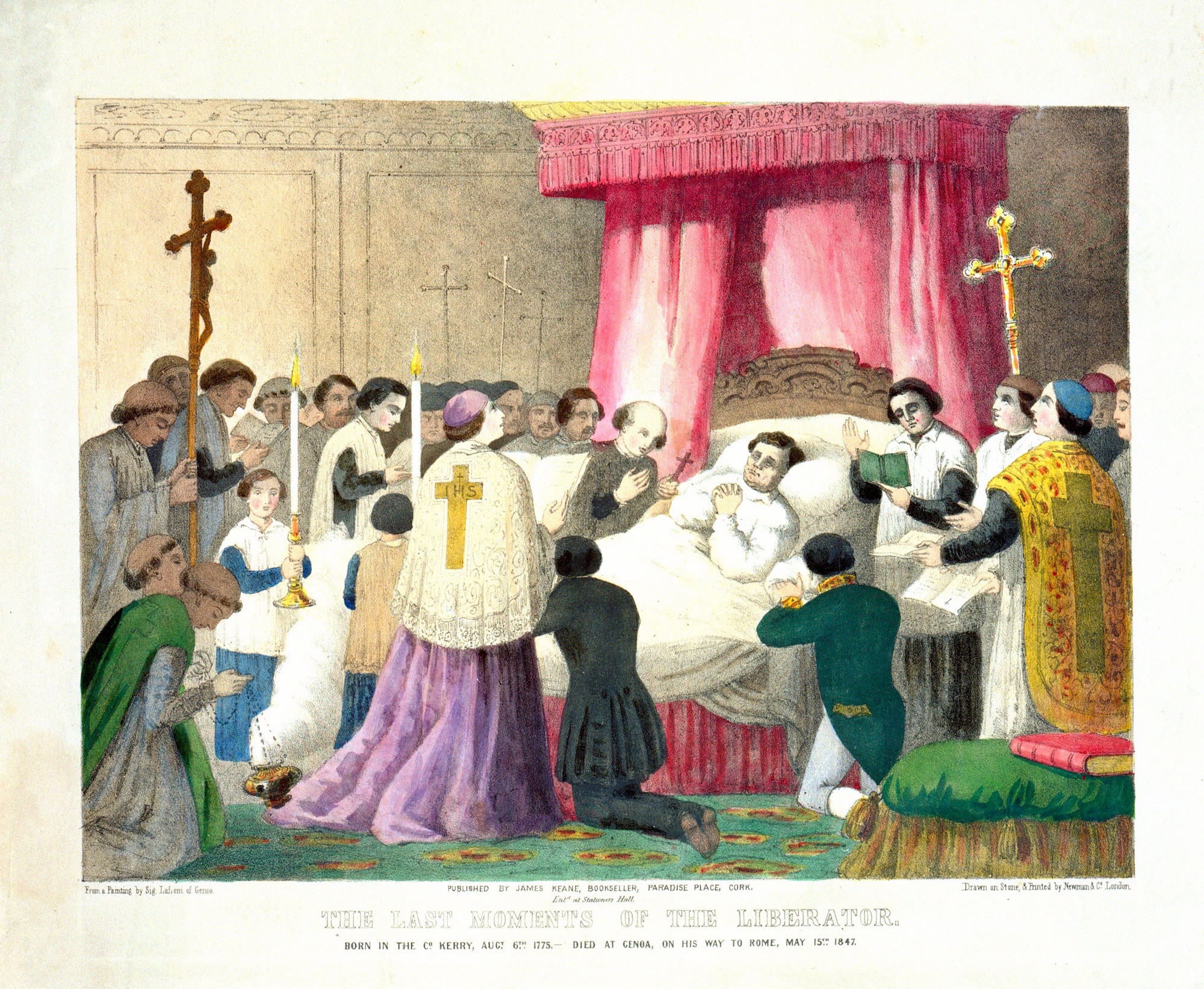 Daniel O'Connell on his deathbed and being given the last rites. He is surrounded by members of the clergy. From a painting by Sig. Lafroni of Genoa. National Library of Ireland. 